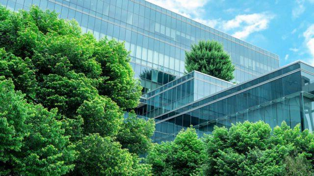 Low angle view of glass building surrounded by trees